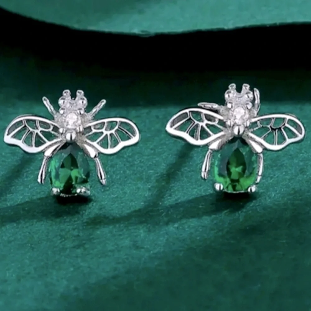 🌟HP X 3🌟 GREEN BUMBLEBEE Cubic Zirconia S925 Sterling Silver Studded Earrings